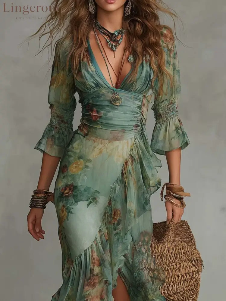 Deep‑V Smocked Waist Floral Chiffon Wrap Maxi Dress With Ruffled High‑Low Hem