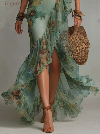 Deep‑V Smocked Waist Floral Chiffon Wrap Maxi Dress With Ruffled High‑Low Hem