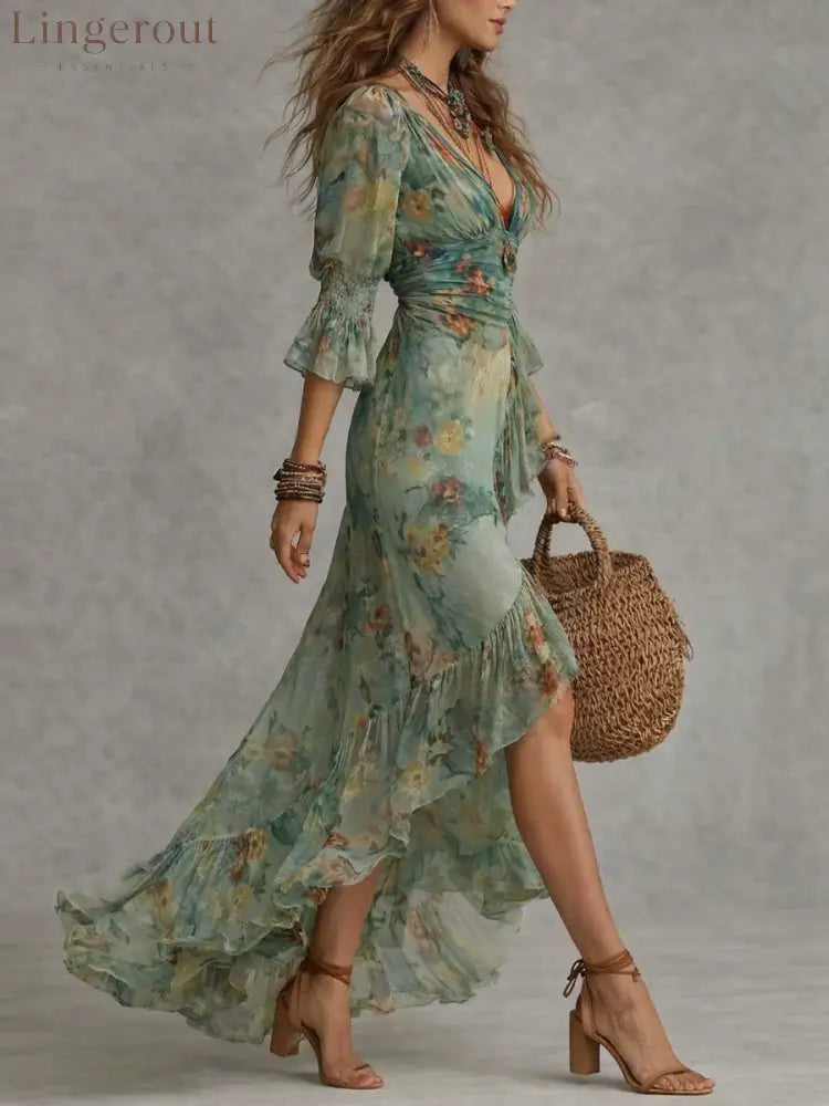 Deep‑V Smocked Waist Floral Chiffon Wrap Maxi Dress With Ruffled High‑Low Hem