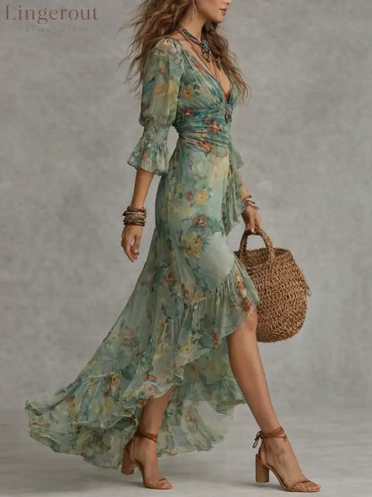 Deep‑V Smocked Waist Floral Chiffon Wrap Maxi Dress With Ruffled High‑Low Hem