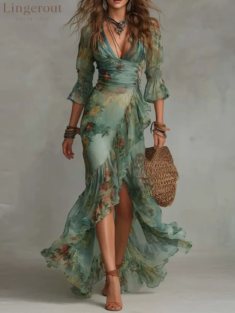 Deep‑V Smocked Waist Floral Chiffon Wrap Maxi Dress With Ruffled High‑Low Hem