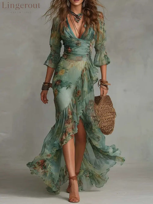 Deep‑V Smocked Waist Floral Chiffon Wrap Maxi Dress With Ruffled High‑Low Hem