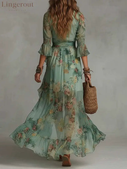 Deep‑V Smocked Waist Floral Chiffon Wrap Maxi Dress With Ruffled High‑Low Hem
