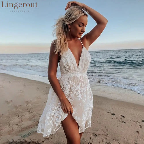 Deep V Spaghetti Strap Lace Midi Dress Backless Floral Swing Beach Party Dress - White / S