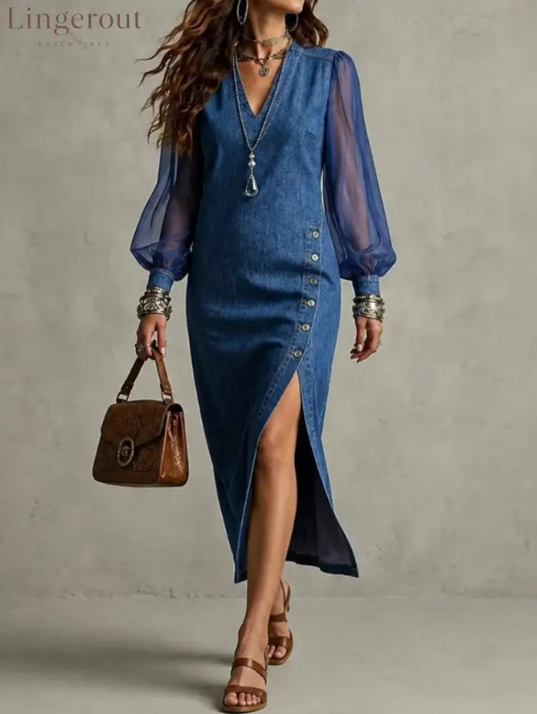 Denim Chiffon Sleeve Midi Dress With Side Button Slit