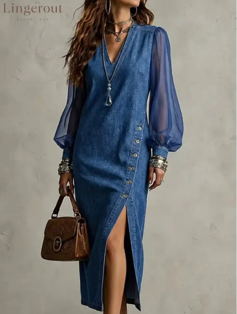Denim Chiffon Sleeve Midi Dress With Side Button Slit - blue / S