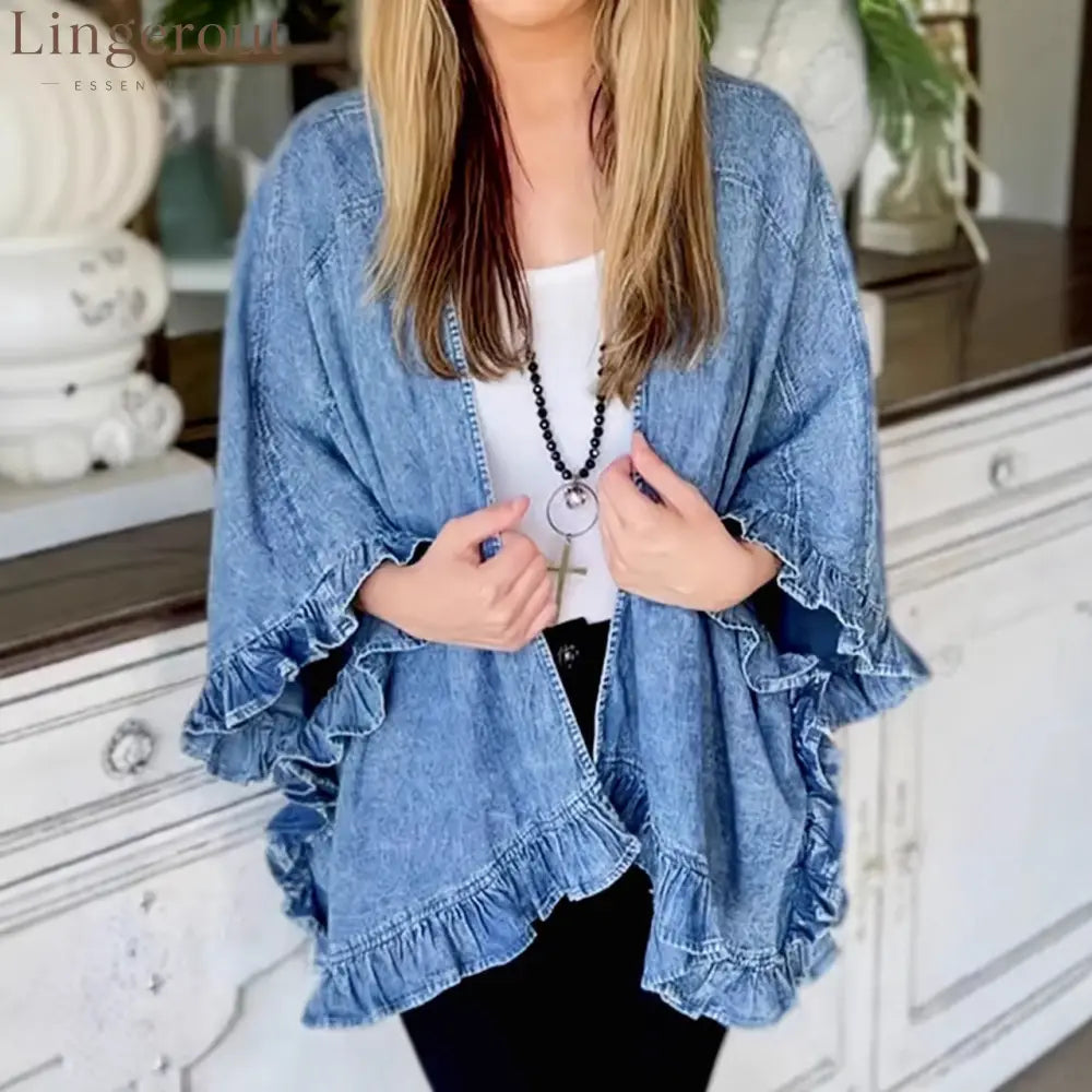 Denim Ruffle Kimono Cardigan