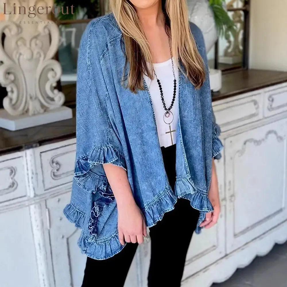 Denim Ruffle Kimono Cardigan