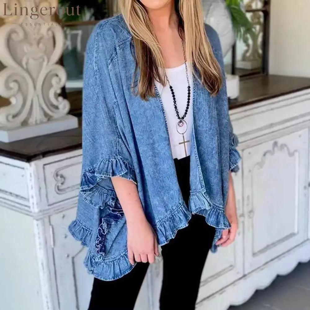 Denim Ruffle Kimono Cardigan