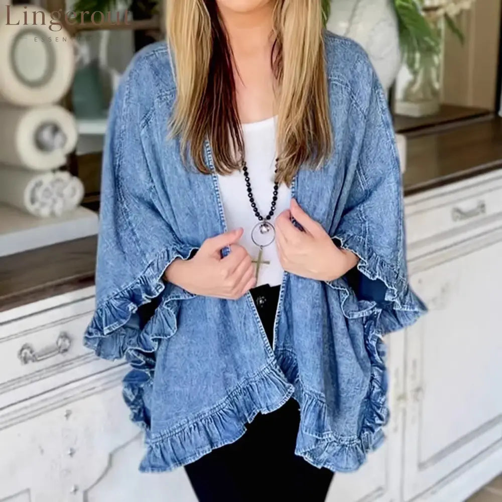 Denim Ruffle Kimono Cardigan - Blue / S