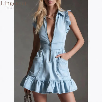 Denim Ruffle Sleeveless Zip Front Mini Dress