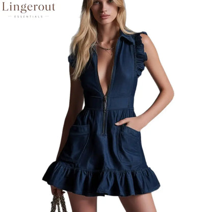 Denim Ruffle Sleeveless Zip Front Mini Dress