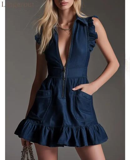 Denim Ruffle Sleeveless Zip Front Mini Dress - Dark blue / S