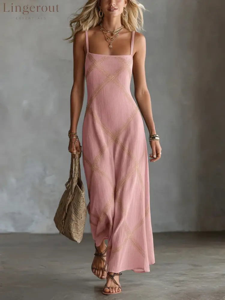 Diamond Lattice Textured Square Neck Slip Maxi Dress – Boho Summer Long Cami Dress - Pink / S