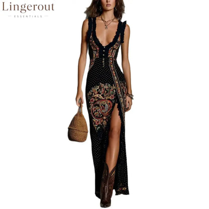 Digital Print Sleeveless Split Maxi Dress – High-Waist V-Neck Long Dress for Women