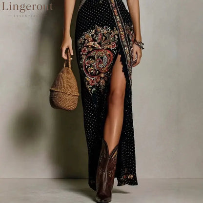 Digital Print Sleeveless Split Maxi Dress – High-Waist V-Neck Long Dress for Women