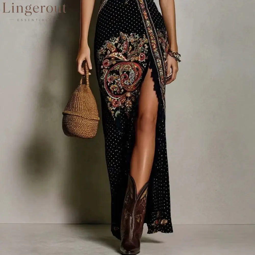 Digital Print Sleeveless Split Maxi Dress – High-Waist V-Neck Long Dress for Women
