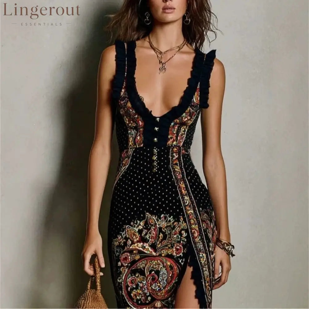 Digital Print Sleeveless Split Maxi Dress – High-Waist V-Neck Long Dress for Women