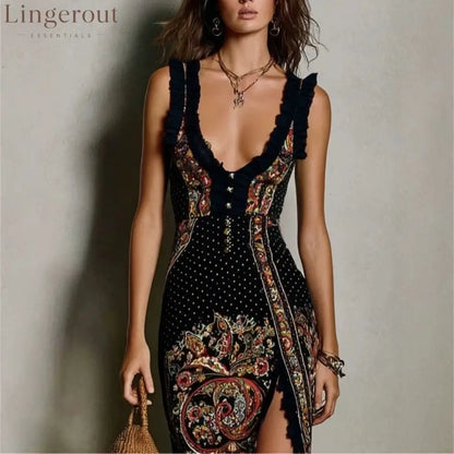Digital Print Sleeveless Split Maxi Dress – High-Waist V-Neck Long Dress for Women