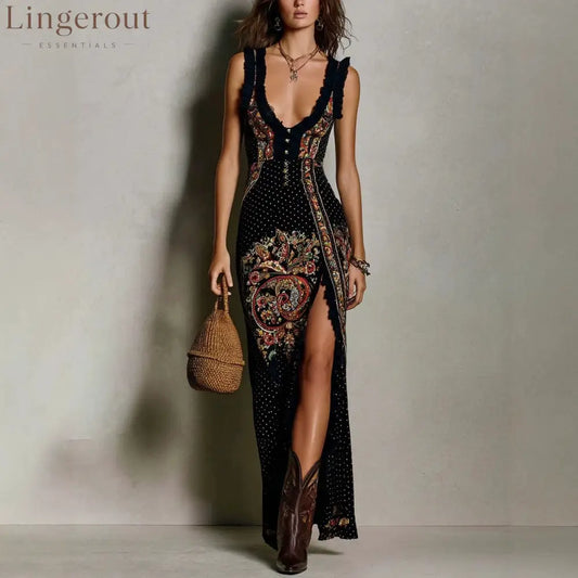 Digital Print Sleeveless Split Maxi Dress – High-Waist V-Neck Long Dress for Women - Black / XS