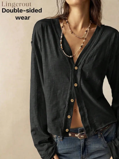 Double-Sided Button Long Sleeve Top - Black / S