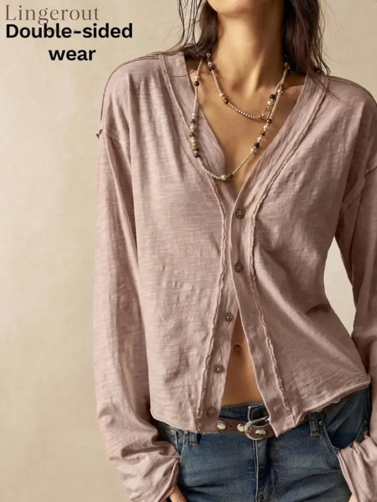 Double-Sided Button Long Sleeve Top - Pink / S