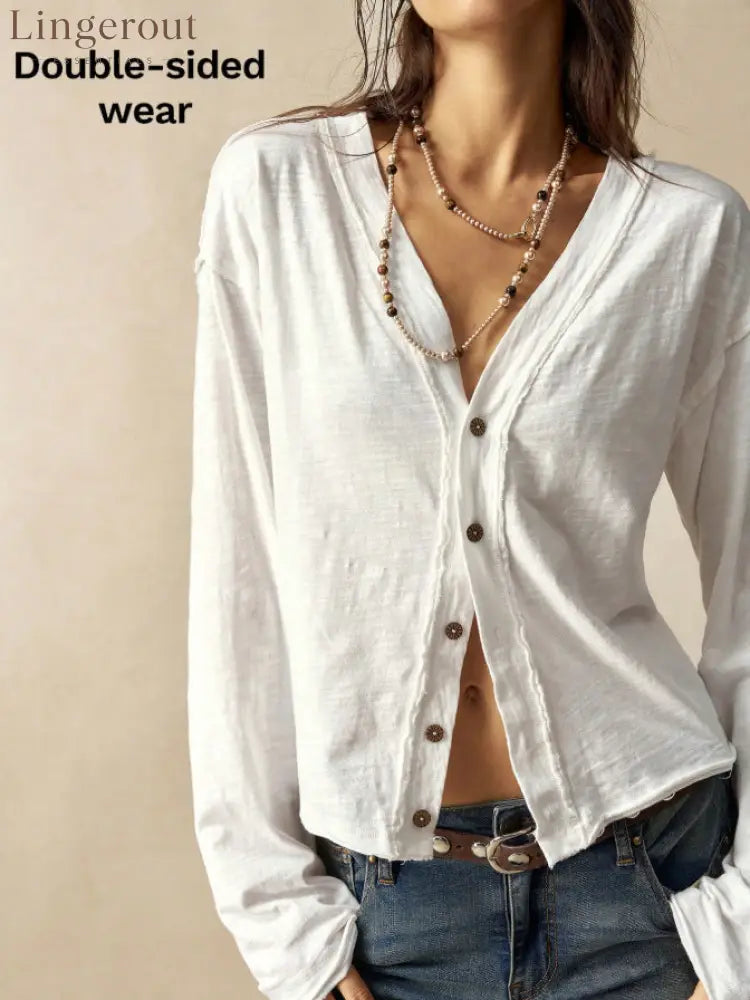 Double-Sided Button Long Sleeve Top - White / S