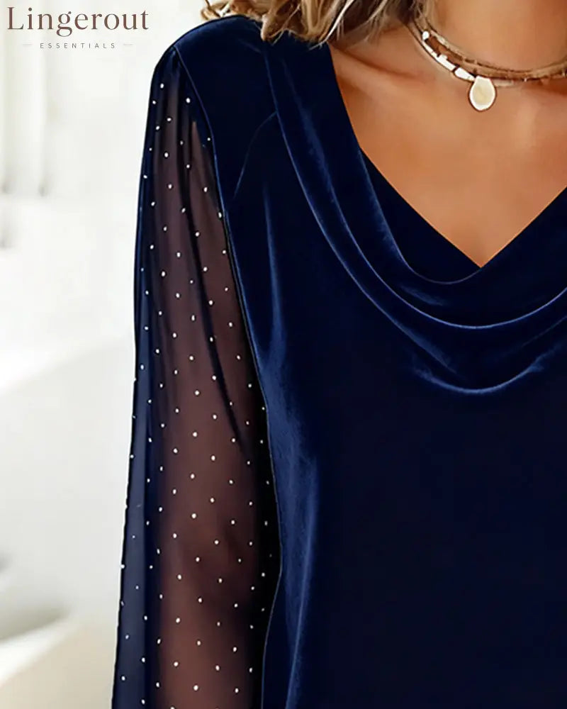Draped Collar Patchwork Long-Sleeved Top