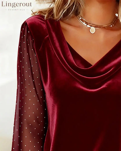 Draped Collar Patchwork Long-Sleeved Top