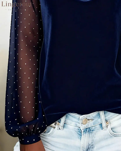Draped Collar Patchwork Long-Sleeved Top