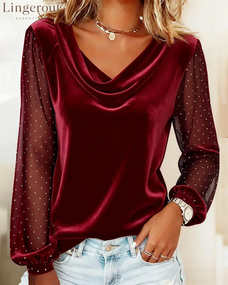 Draped Collar Patchwork Long-Sleeved Top - Red / S