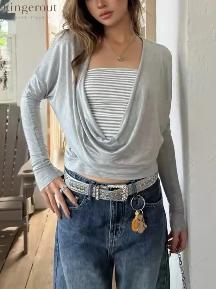 Draped Cowl Neck Knit Top with Striped Bandeau