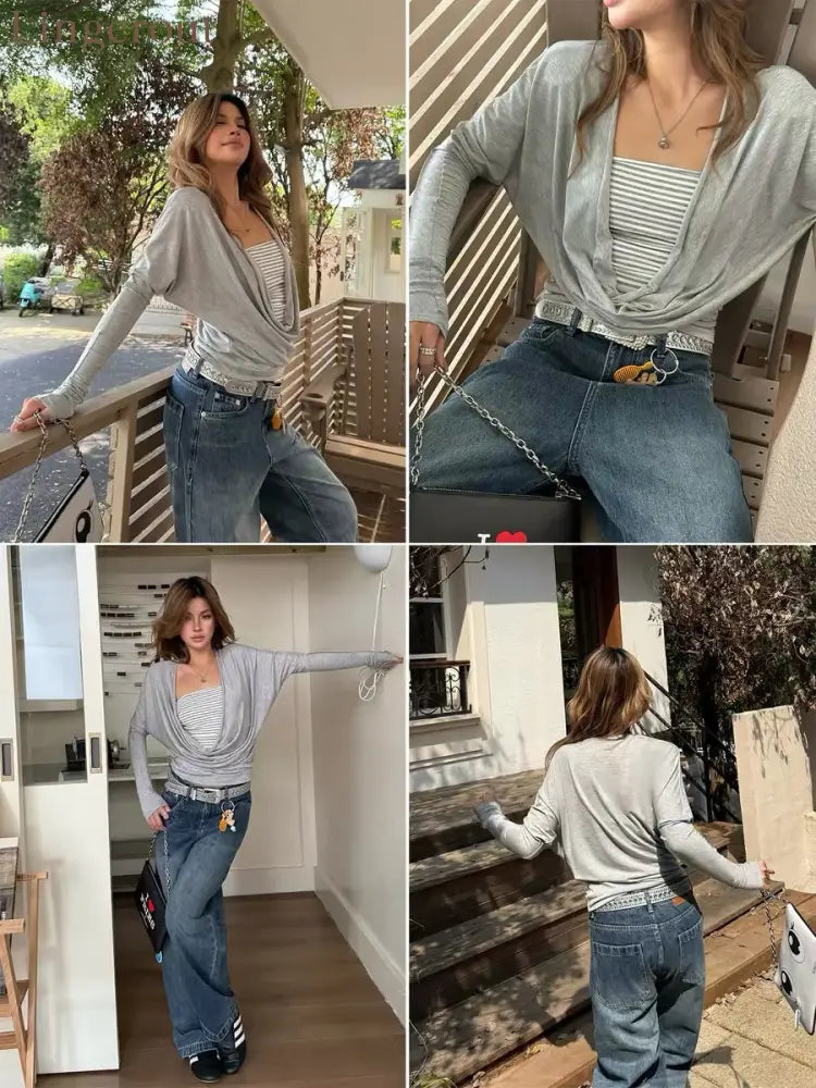 Draped Cowl Neck Knit Top with Striped Bandeau