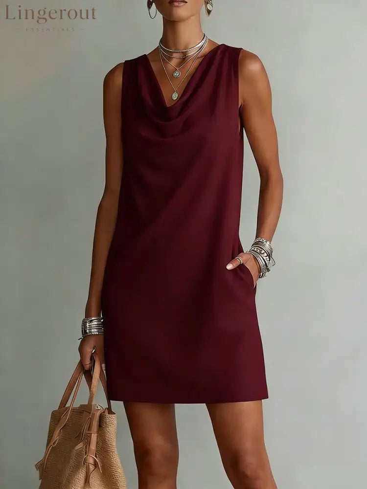 Draped-neck Sleeveless Cotton Dress - Red / S