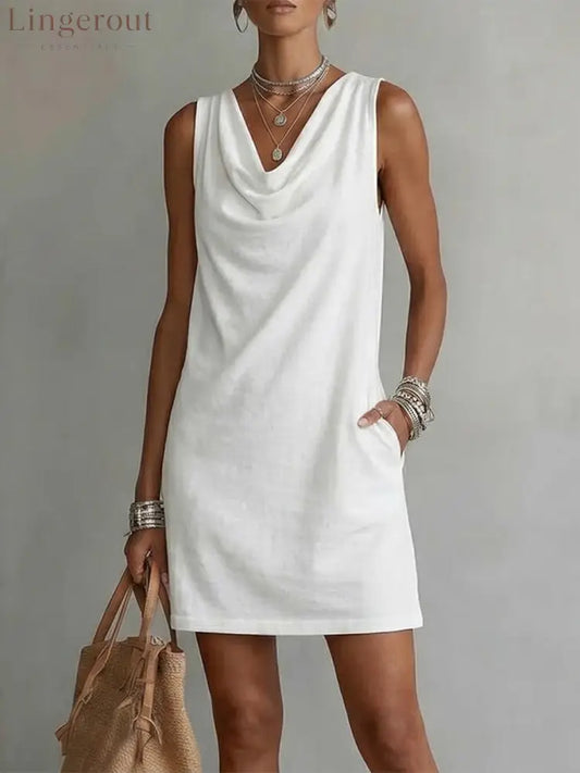 Draped-neck Sleeveless Cotton Dress - White / S