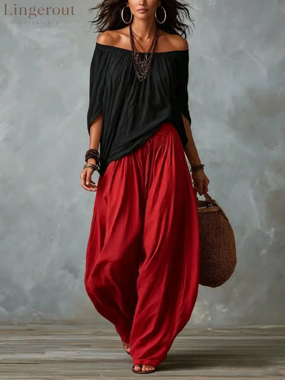 Drawstring Harem Pants Two Piece Set - Red black / S
