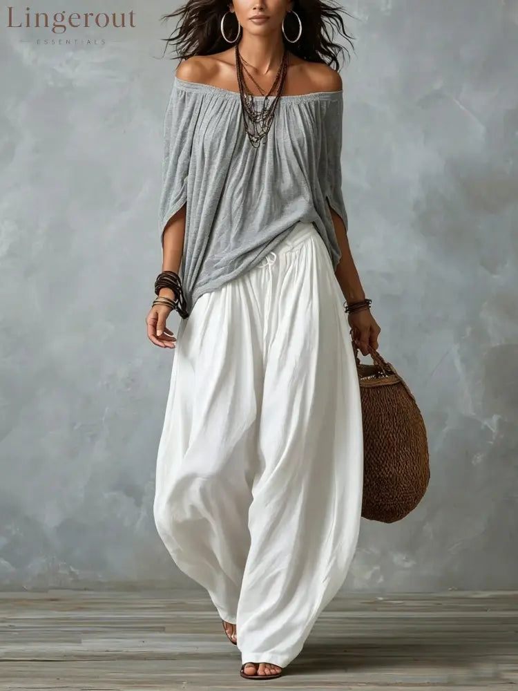 Drawstring Harem Pants Two Piece Set - White gray / S