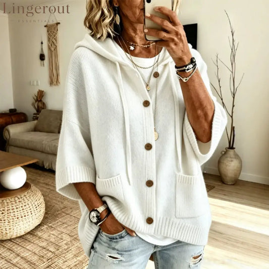 Drawstring Hooded 3/4 Sleeve Wooden Button Knit Cardigan