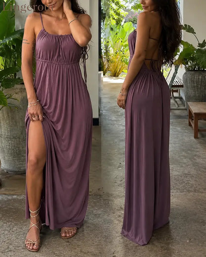 Drawstring Loose Cami Dress Pleated Loungewear Nightgown - Purple / S