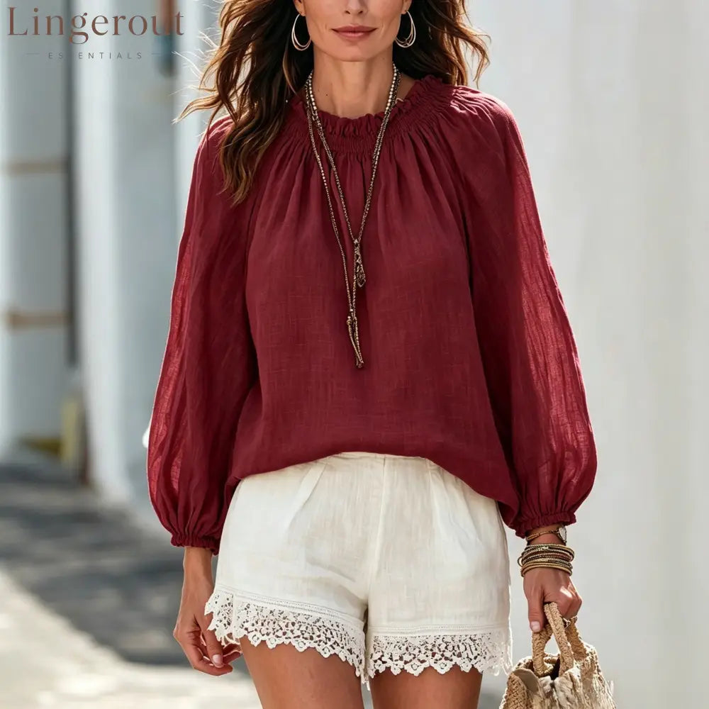 Drawstring Neck Lantern Sleeve Casual Blouse