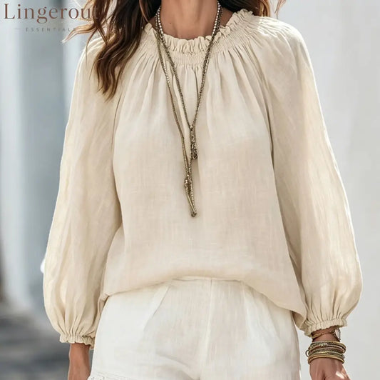 Drawstring Neck Lantern Sleeve Casual Blouse
