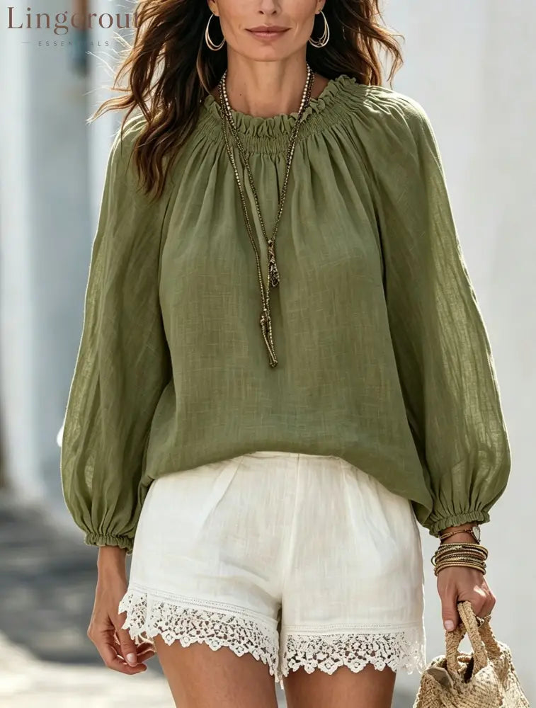 Drawstring Neck Lantern Sleeve Casual Blouse - Army green / S