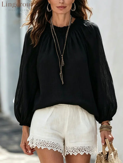Drawstring Neck Lantern Sleeve Casual Blouse - Black / S
