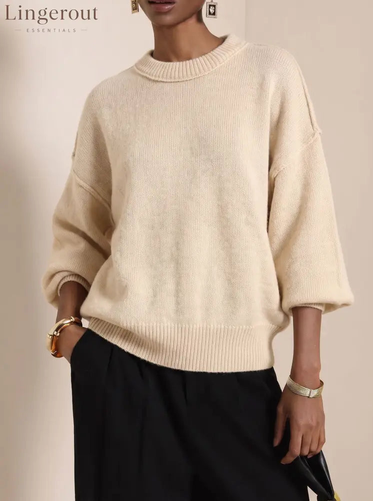 Drop-Shoulder Crew Neck Knit Sweater - Apricot / S