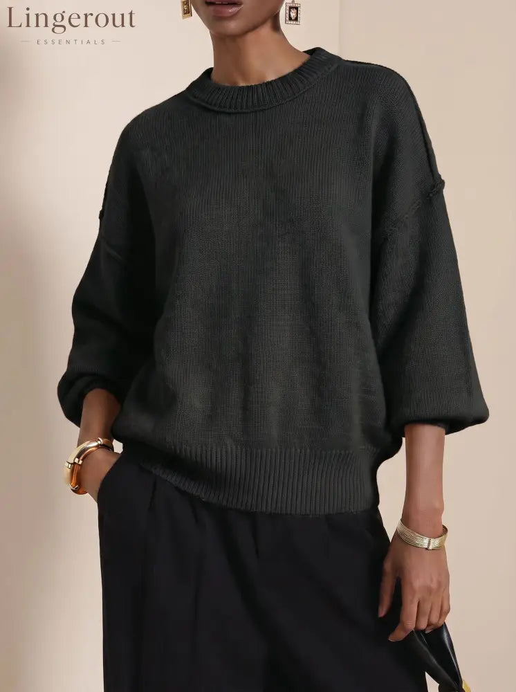 Drop-Shoulder Crew Neck Knit Sweater - Black / S