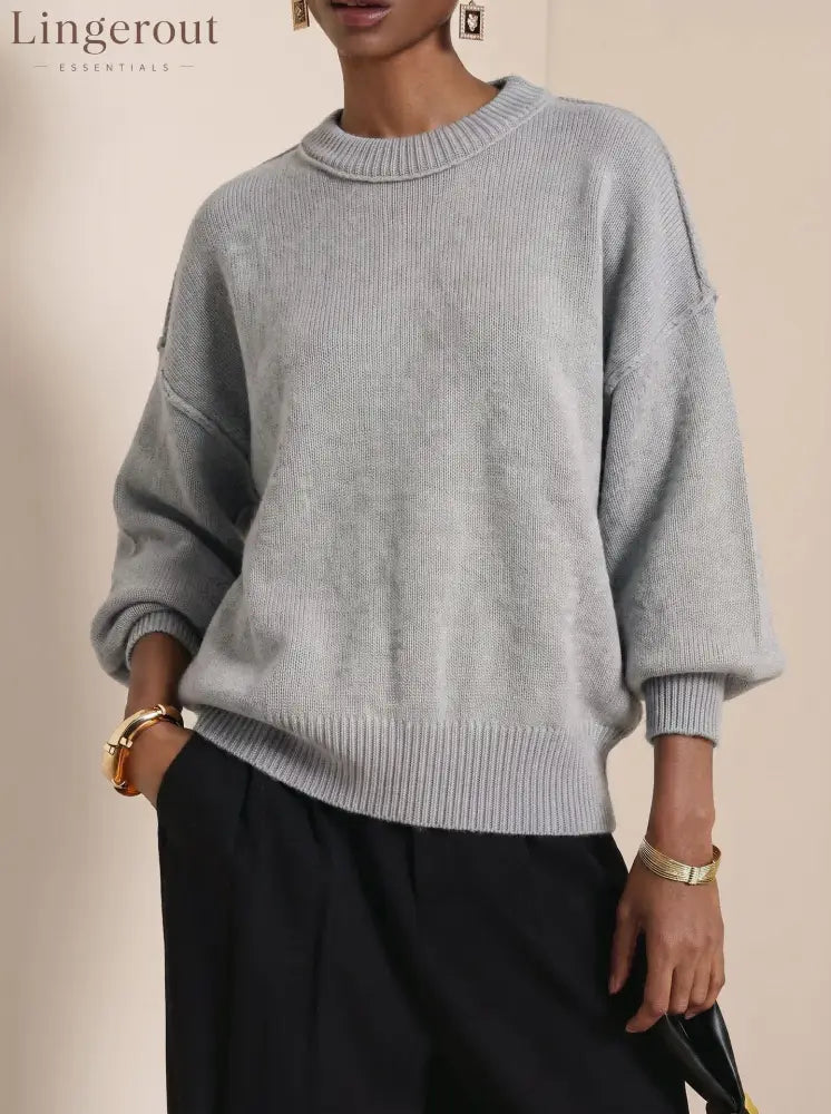 Drop-Shoulder Crew Neck Knit Sweater - Grey / S