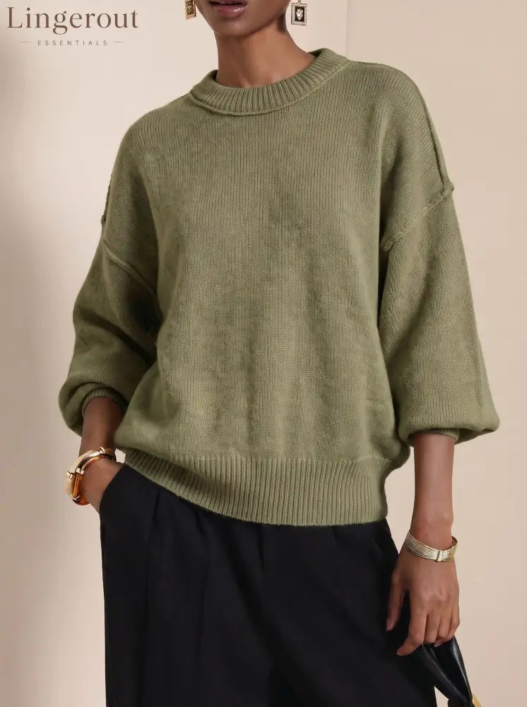 Drop-Shoulder Crew Neck Knit Sweater - Olive green / S