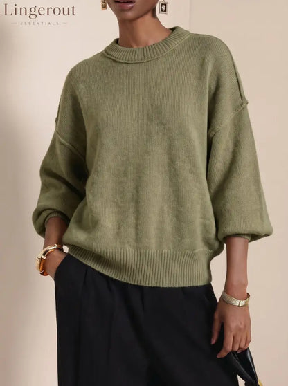 Drop-Shoulder Crew Neck Knit Sweater - Olive green / S