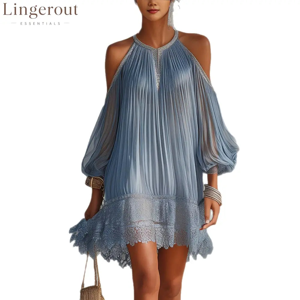 Dusty Blue Pleated Cold Shoulder Mini Dress