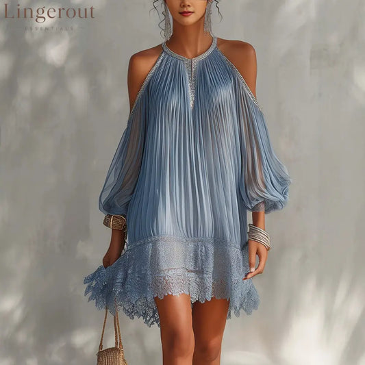 Dusty Blue Pleated Cold Shoulder Mini Dress